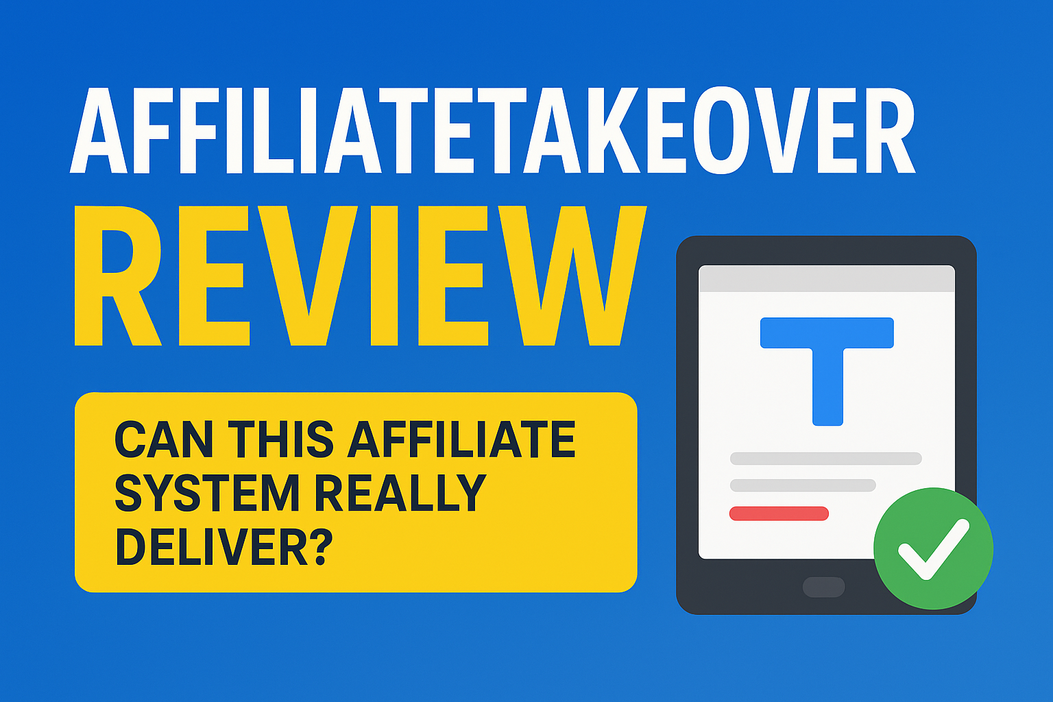 AffiliateTakeover Review feature image showing headline text and tablet graphic with checkmark